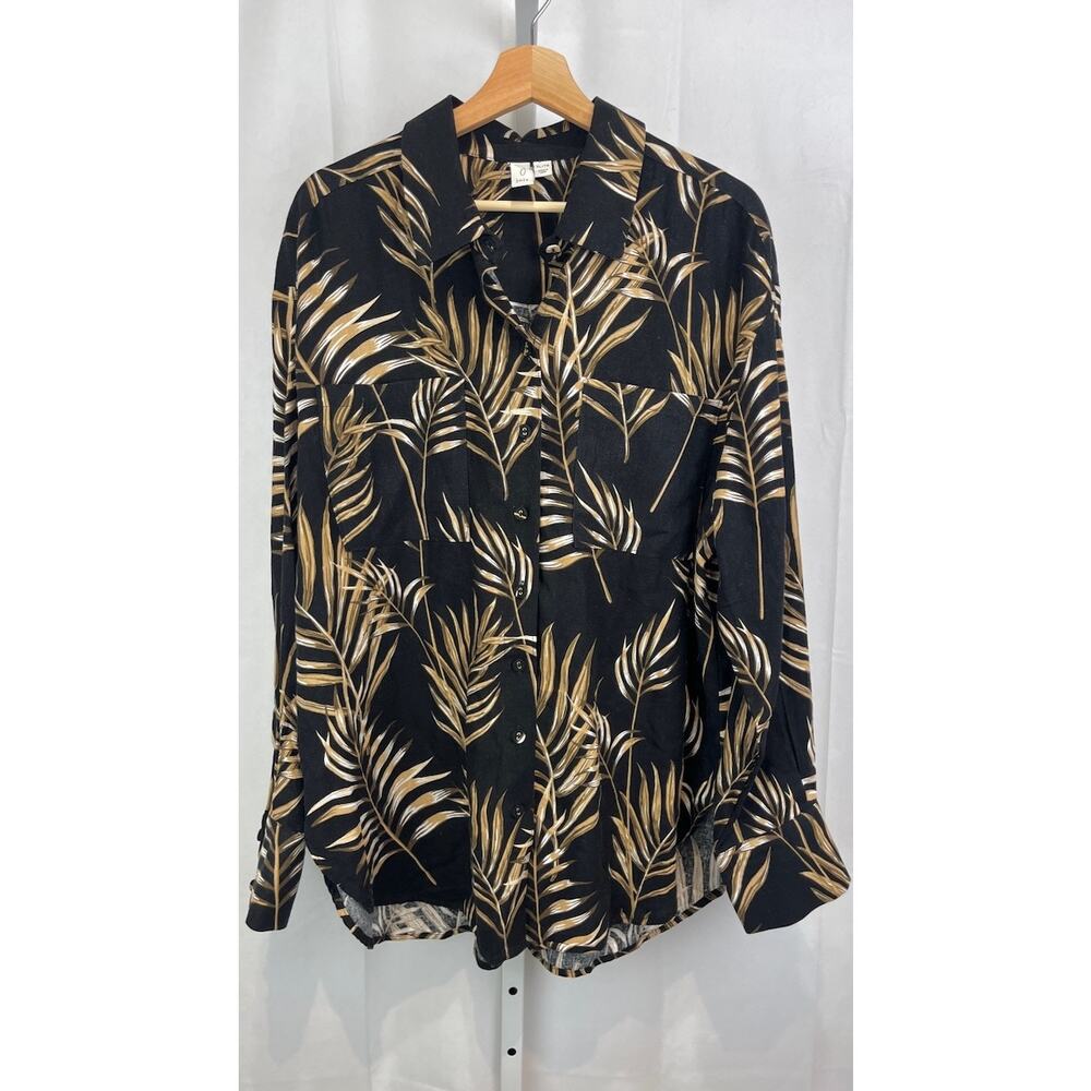 JOIE  XL Leaf Print Button Up Long Sleeve Tunic Shirt Linen Blend Black Brown